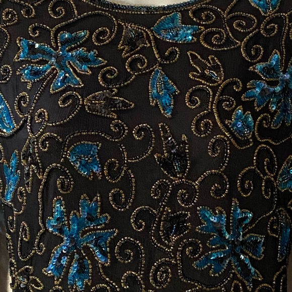Laurence Kazar Navy Blue Silk Beaded Sequined Festive Evening Formal Top S VTG - Picture 3 of 7